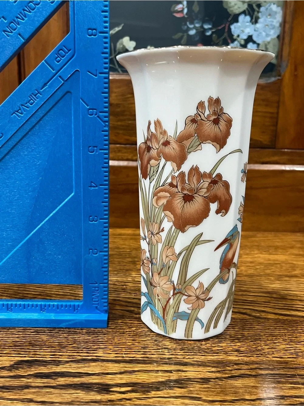 Vintage Japanese Porcelain Iris & Kingfisher Vase – Floral Art Deco Style